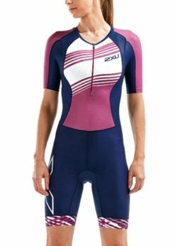 2XU Women's Compression Sleeved Trisuit - Navy/Very Berry Lines
